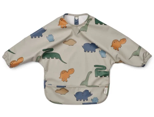 Grå-grønt spiseforklæde med opsamlingslomme og dinosaurusprint fra Liewood LW18136 dinosaurs mist